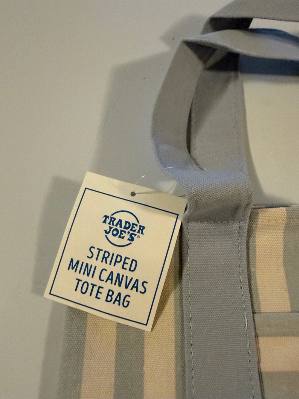 Trader Joe’s Striped Mini Canvas Tote Bag Blue & Cream NWT Reusable Grocery Bag - Picture 3 of 8